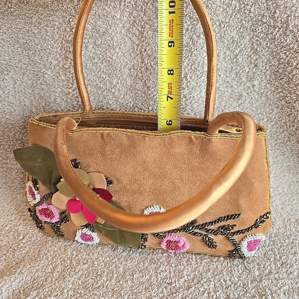 C. Marie Beaded Purse Handbag‎ Brown Suede Floral Design Boho Colorful